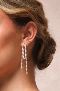 Dainty Charisma Gold and White Rhinestone Pearl Fringe Earrings 4