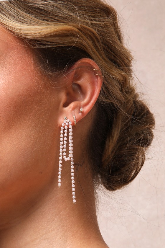 Dainty Charisma Gold and White Rhinestone Pearl Fringe Earrings 4
