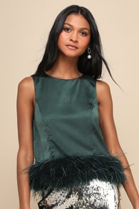 Fancy Fixation Emerald Green Satin Feather Tank Top