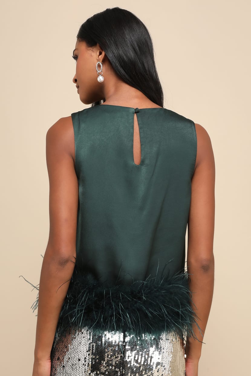 Fancy Fixation Emerald Green Satin Feather Tank Top