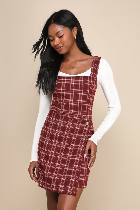 Perfect Crush Wine Red Plaid Faux Wrap Pinafore Mini Dress 1