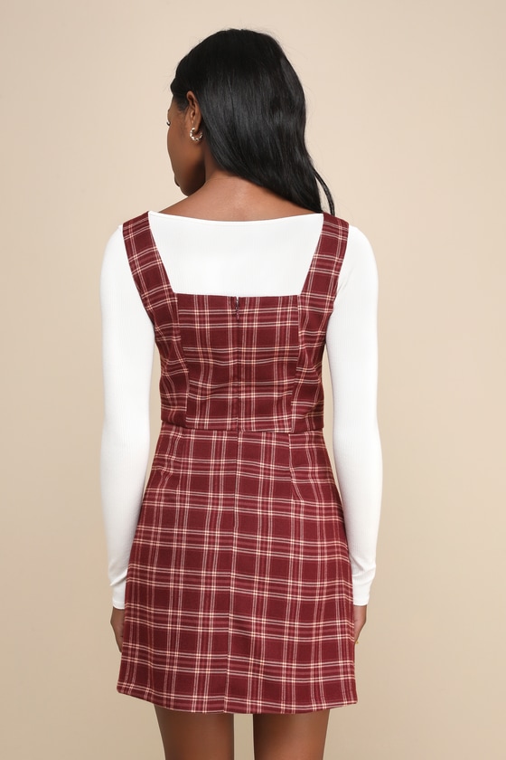 Perfect Crush Wine Red Plaid Faux Wrap Pinafore Mini Dress 2