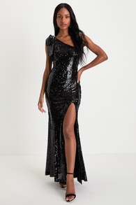Glamorous Intentions Black Sequin One-Shoulder Bow Maxi Dress