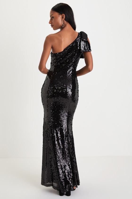 Black One-Shoulder Sequin Midi Dress with Bow Detail