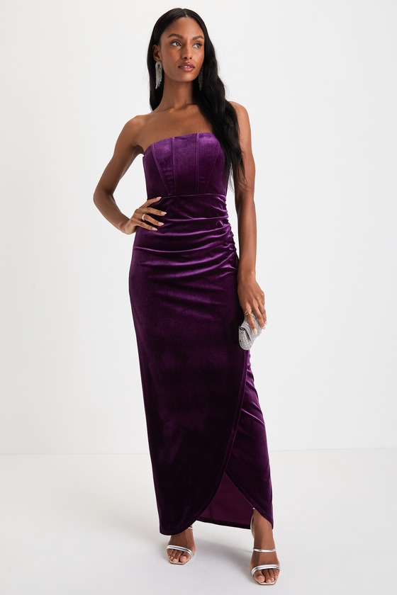 Glamorous Celebrations Purple Velvet Strapless Maxi Dress 2