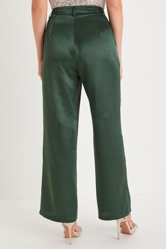 Emerald Green Trousers - Green Satin Trousers - High-Rise Pants