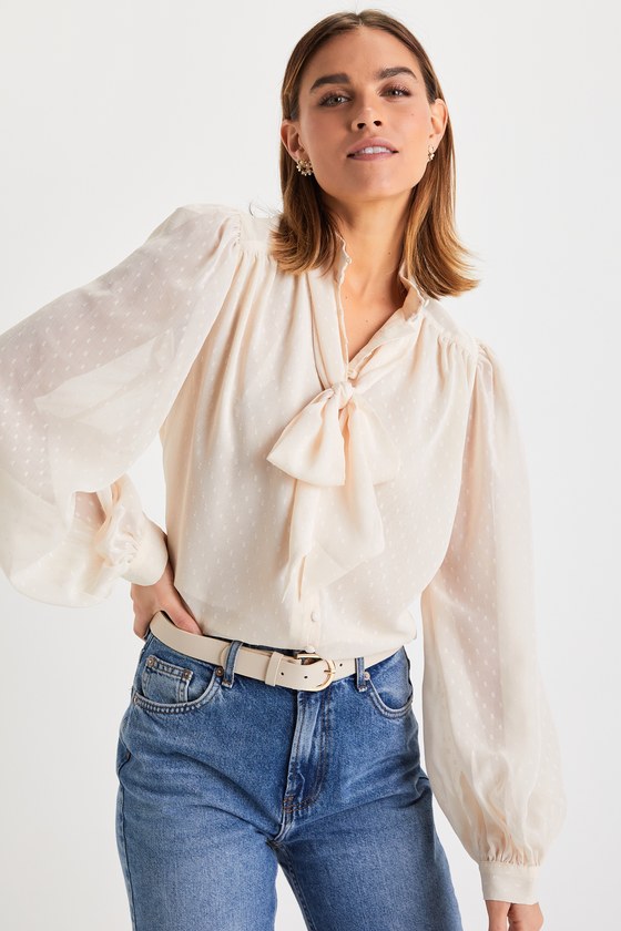 Sophisticated Impulse Cream Clip Dot Tie-Neck Button-Up Top 3