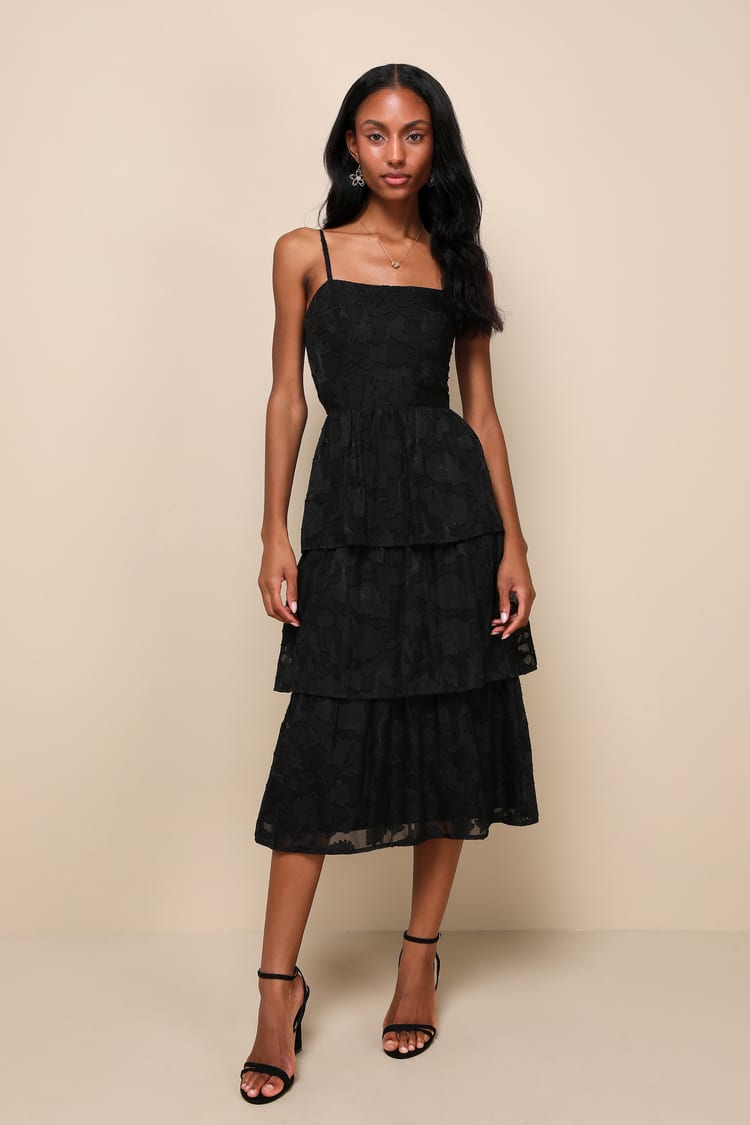 Black Midi Dress - Tiered Floral Midi Dress - Bustier Midi Dress - Lulus
