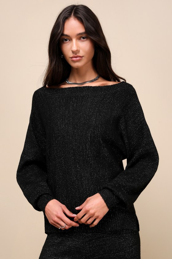 Black Lurex Sweater - Dolman Sleeve Sweater - Boat Neck Sweater - Lulus
