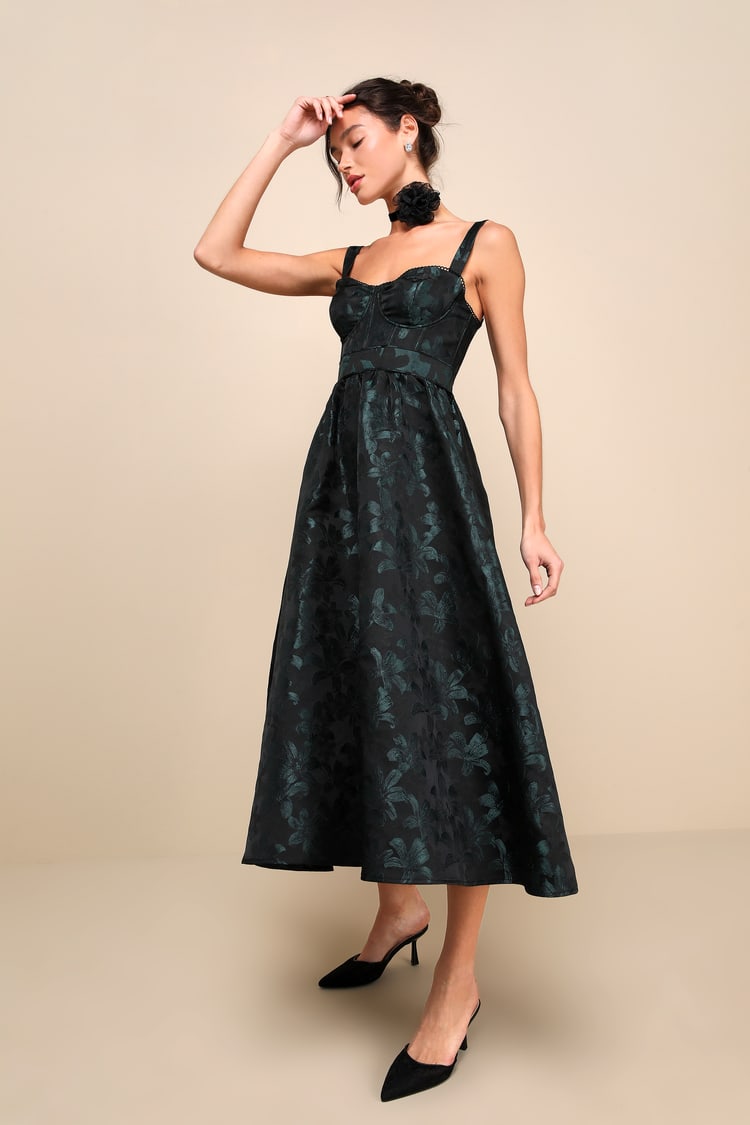 Black Floral Dress - Jacquard Bustier Dress - Bustier Midi Dress  