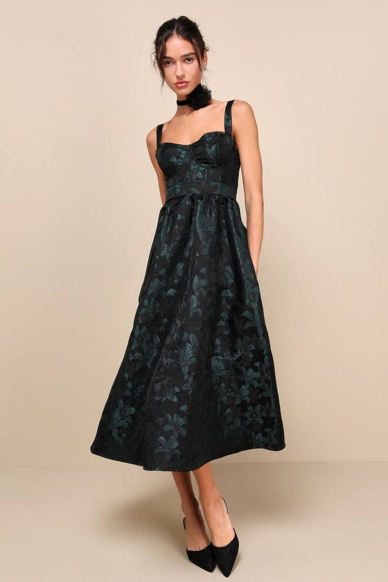 Dramatically Romantic Black Floral Jacquard Bustier Midi Dress 2