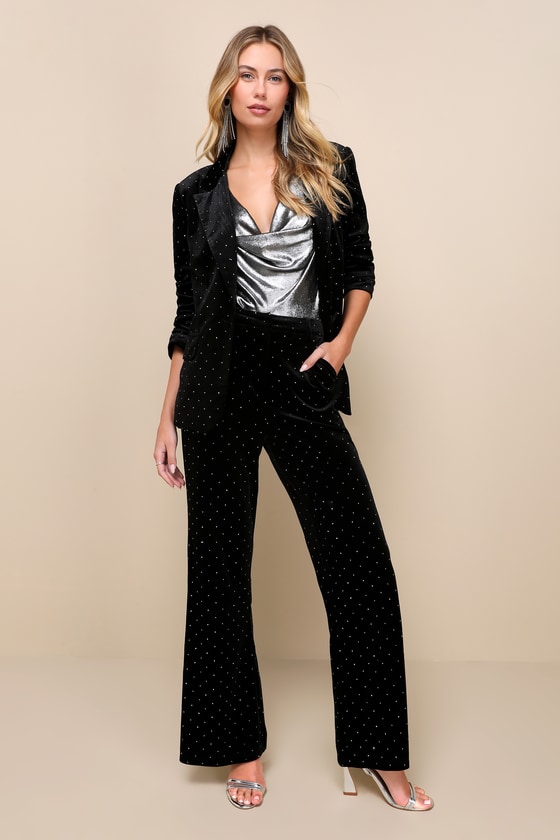 Lulus Glamorous Statement Black Velvet Studded Wide-leg Pants