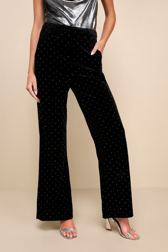 Black Velvet Pants - Studded Pants - High-Rise Wide-Leg Pants - Lulus