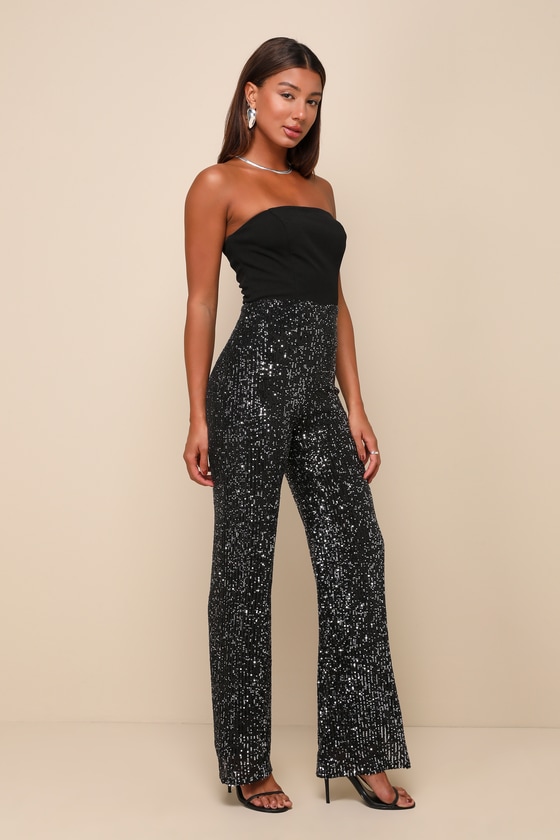 Lulus Marvelous Fun Black Sequin Strapless Straight Leg Jumpsuit