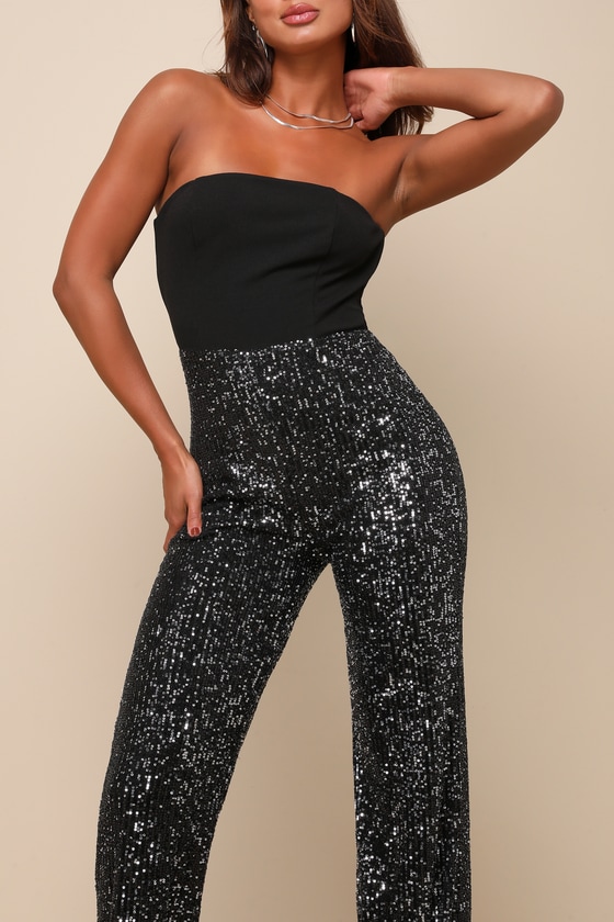 Marvelous Fun Black Sequin Strapless Straight Leg Jumpsuit 4