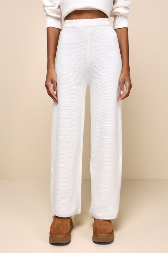 Luxurious Comfort Ivory Waffle Knit Wide-Leg Sweater Pants 9