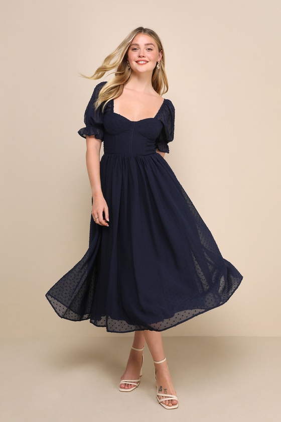 Flawless Elegance Navy Swiss Dot Puff Sleeve Bustier Midi Dress 2