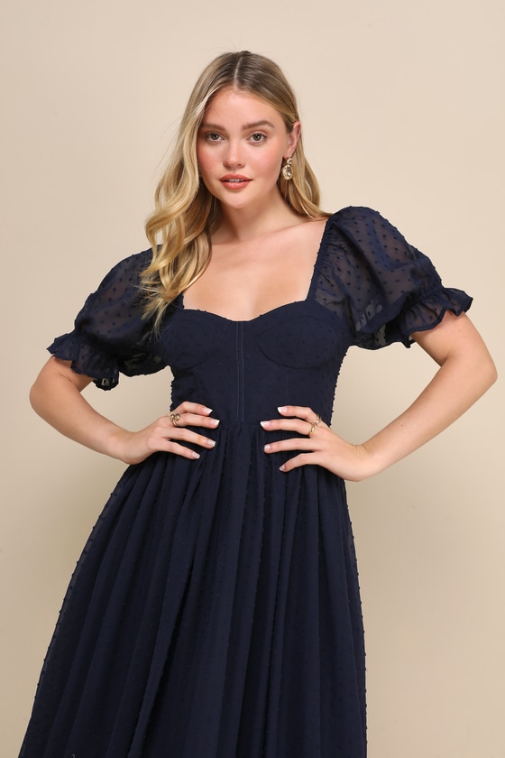 Navy Blue Midi Dress - Swiss Dot Dress - Bustier Dress - Dress - Lulus