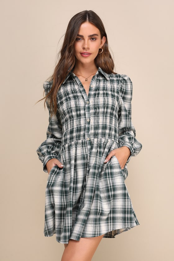 Sweetest Mood Green Plaid Smocked Mini Dress With Pockets 1