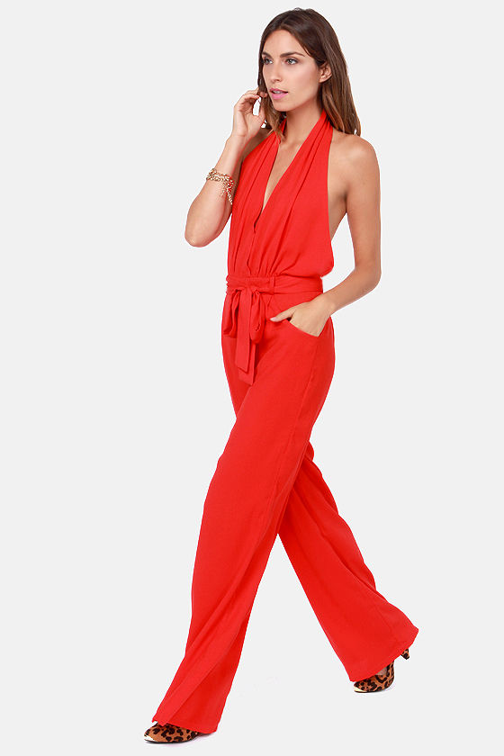 red backless jumpsuit