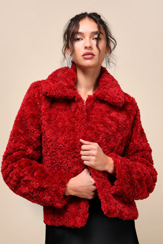 Lulus Snowy Crush Red Collared Teddy Jacket