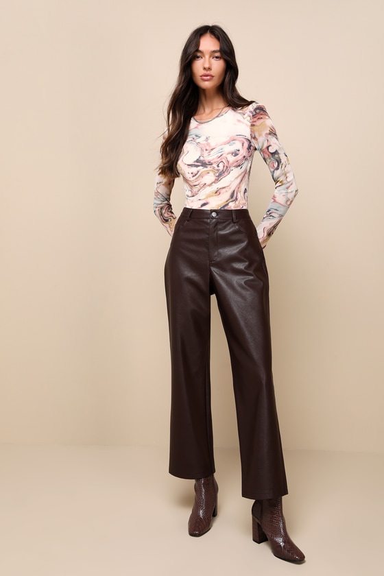 Sleek Vibe Dark Brown Vegan Leather High Rise Pants 1