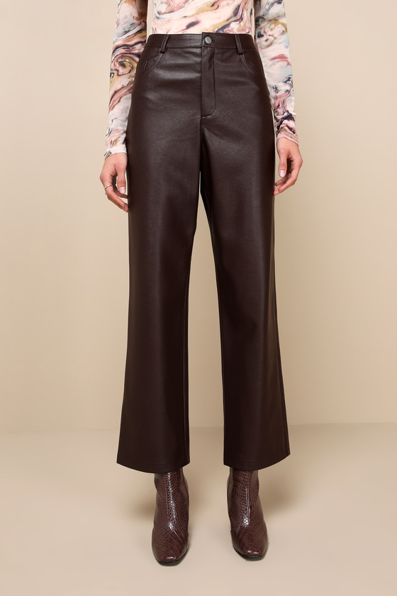 Sleek Vibe Dark Brown Vegan Leather High Rise Pants 2