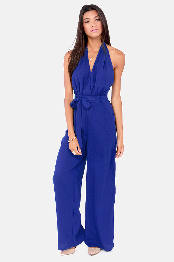 Sexy Blue Jumpsuit Backless Jumpsuit Halter Jumpsuit 49.00 Lulus