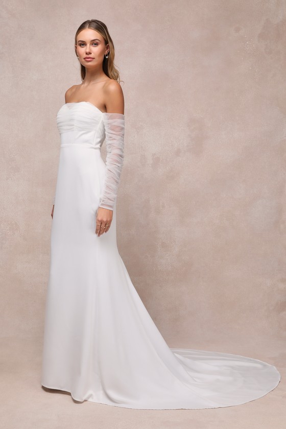 White Off-the-Shoulder Dress - Tulle Dress - Mermaid Maxi Dress - Image 4