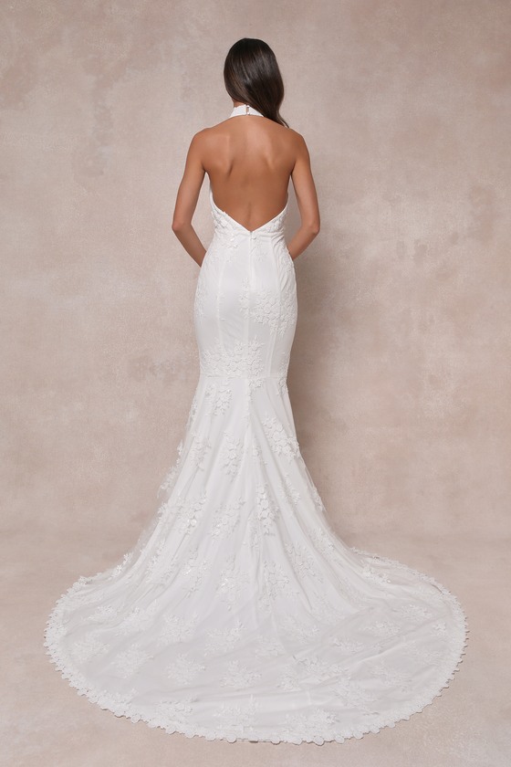 White Embroidered Gown - Halter Gown - Backless Bridal Gown - Image 2