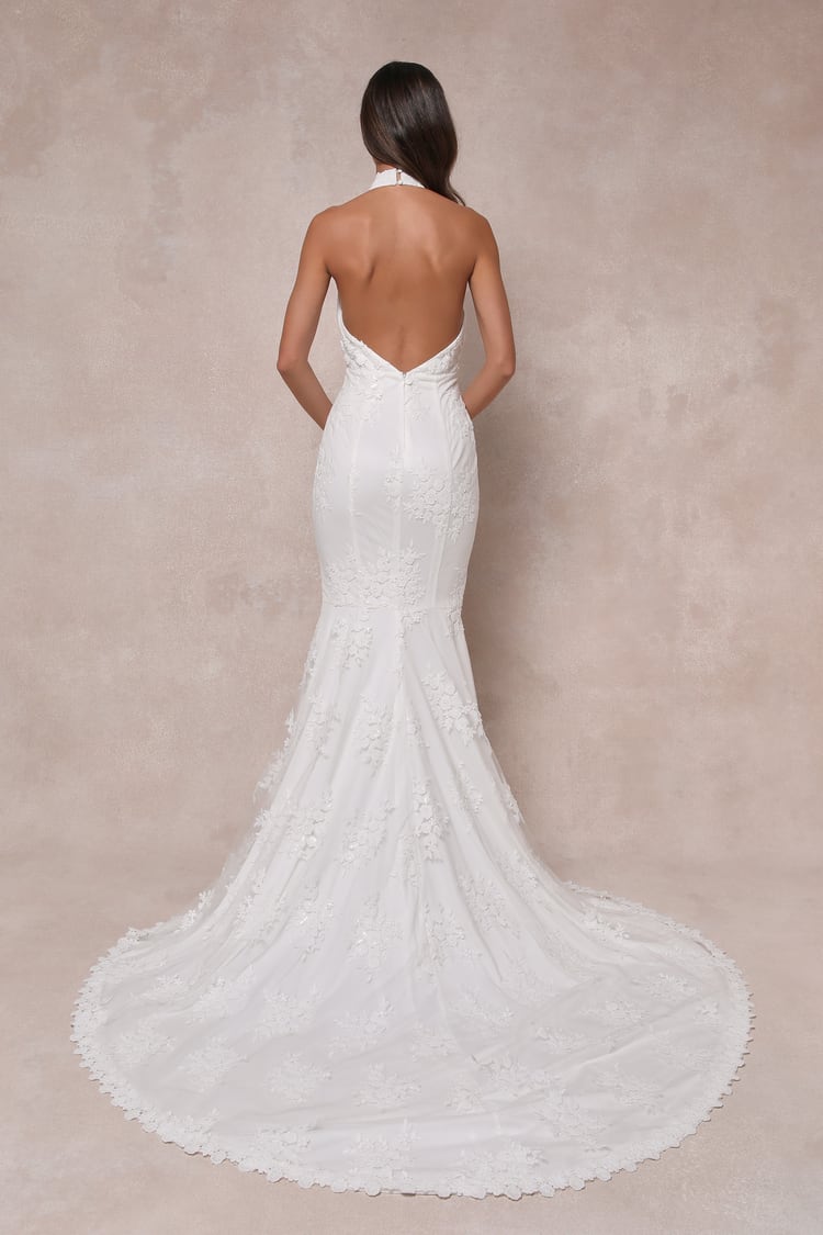 Dreamy Glamour White Embroidered Halter Mermaid Maxi Dress