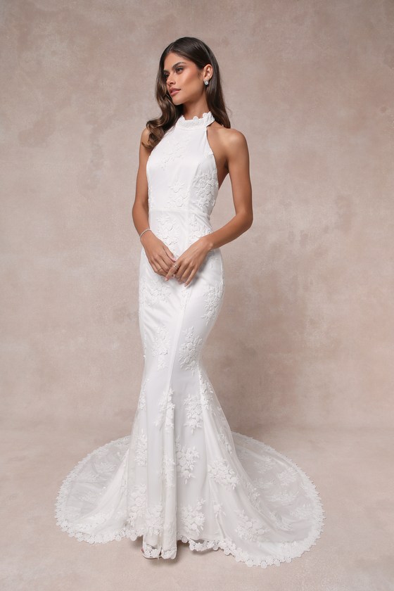 White Embroidered Gown - Halter Gown - Backless Bridal Gown - Image 4
