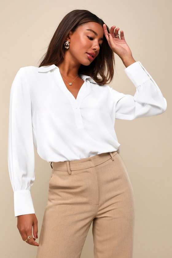 Ivory Collared Top - Long Sleeve Top - Blouse - Office Top - Lulus
