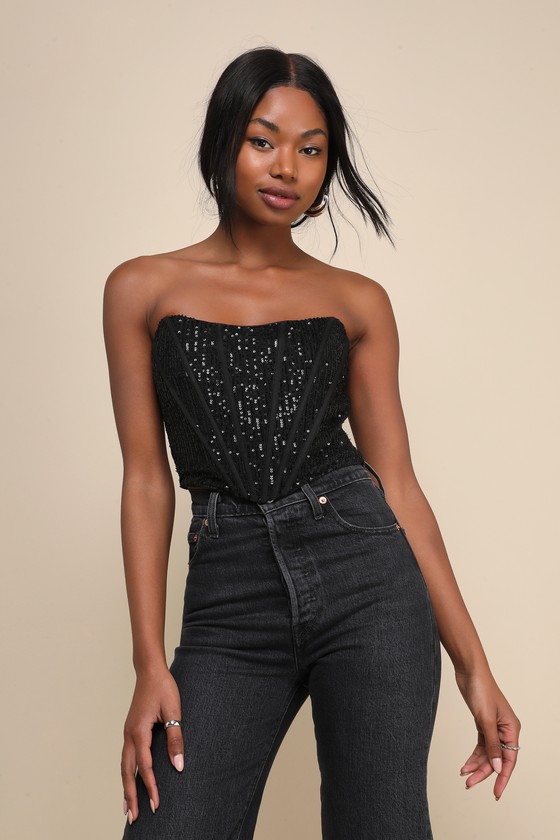 Sparkling Temptation Black Sequin Strapless Bustier Crop Top 1