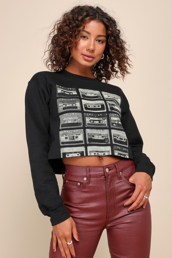 Prince Peter Cassette Black Crew Neck Graphic Cropped Pullover Sweatshirt