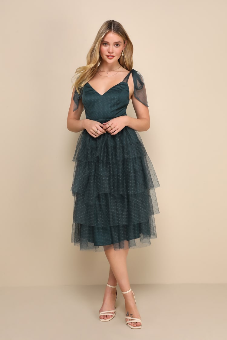 Emerald Green Dress - Tiered Midi Dress - Tie-Strap Dress - Lulus