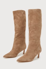 Lavan Oatmeal Suede Leather Kitten Heel Knee-High Boots