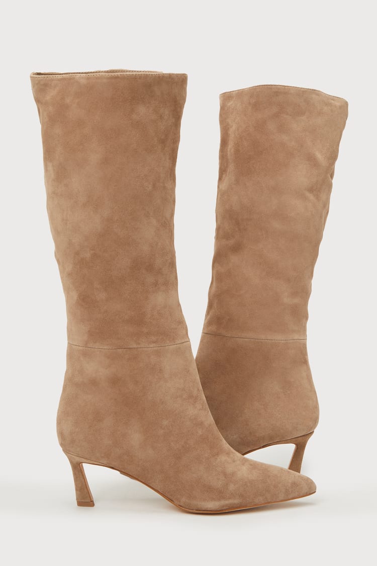 Lavan Oatmeal Suede Leather Kitten Heel Knee-High Boots