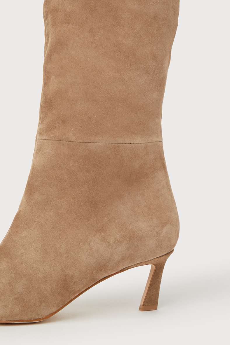 Lavan Oatmeal Suede Leather Kitten Heel Knee-High Boots
