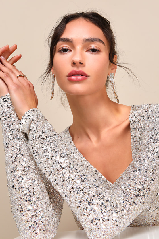 Unique Vibe Beige Sequin Asymmetrical Long Sleeve Top - thumbnail 4