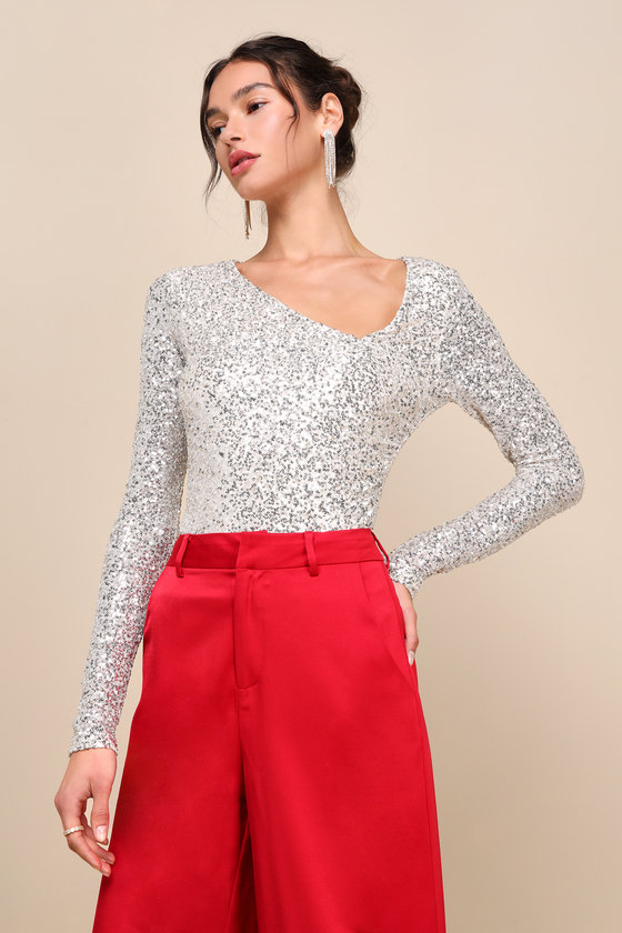 Unique Vibe Beige Sequin Asymmetrical Long Sleeve Top 2