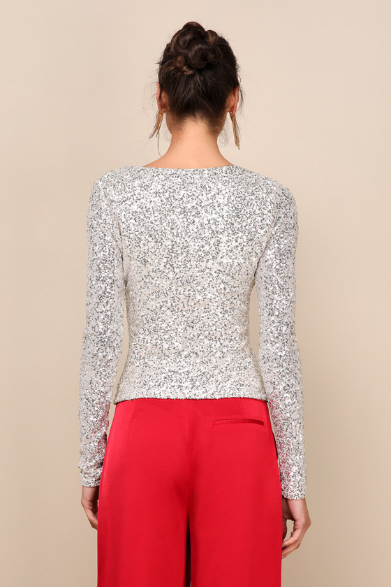 Unique Vibe Beige Sequin Asymmetrical Long Sleeve Top - thumbnail 3