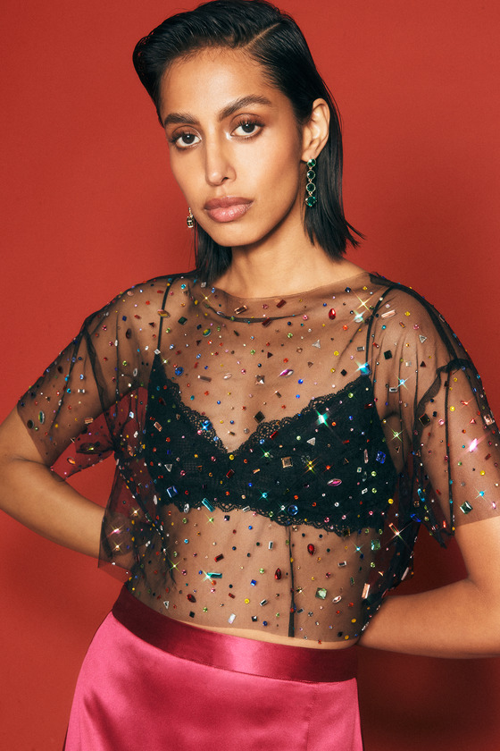 Black Sheer Top - Sequin Mesh Top - Long Sleeve Crop Top - Lulus