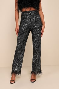 Total Sparkle Black and Silver Sequin Feather Wide-Leg Pants