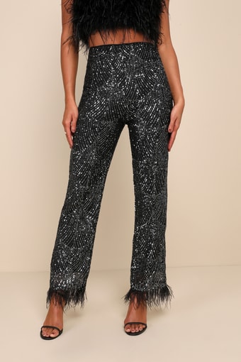 Total Sparkle Black and Silver Sequin Feather Wide-Leg Pants 2