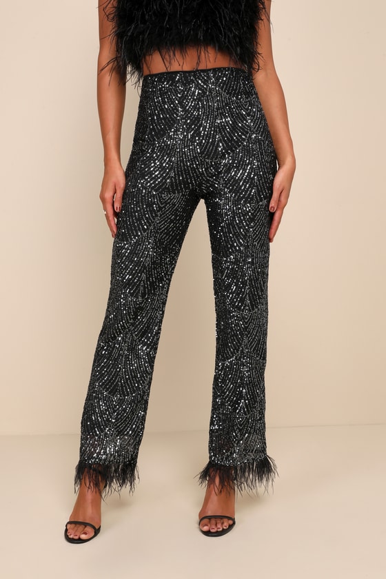 Total Sparkle Black and Silver Sequin Feather Wide-Leg Pants 2