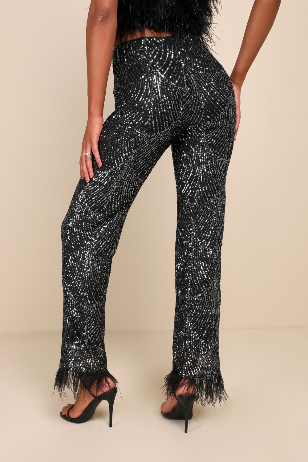 Total Sparkle Black and Silver Sequin Feather Wide-Leg Pants