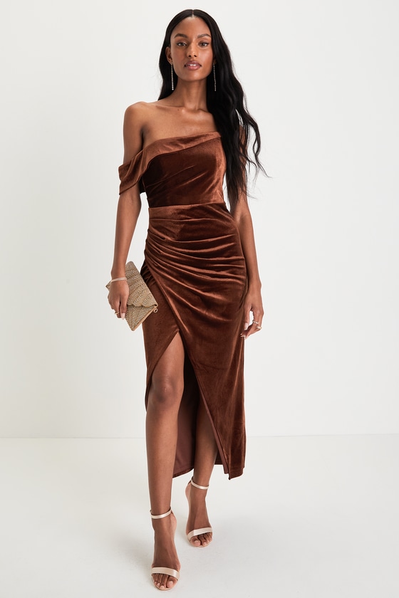 Lulus Showing Off A Little Brown Velvet Asymmetrical Tulip Midi Dress