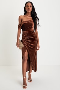 Showing Off a Little Brown Velvet Asymmetrical Tulip Midi Dress 1