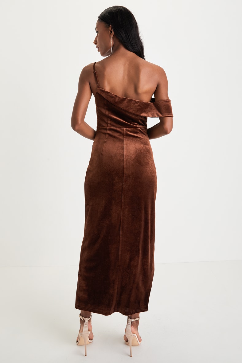 Showing Off a Little Brown Velvet Asymmetrical Tulip Midi Dress